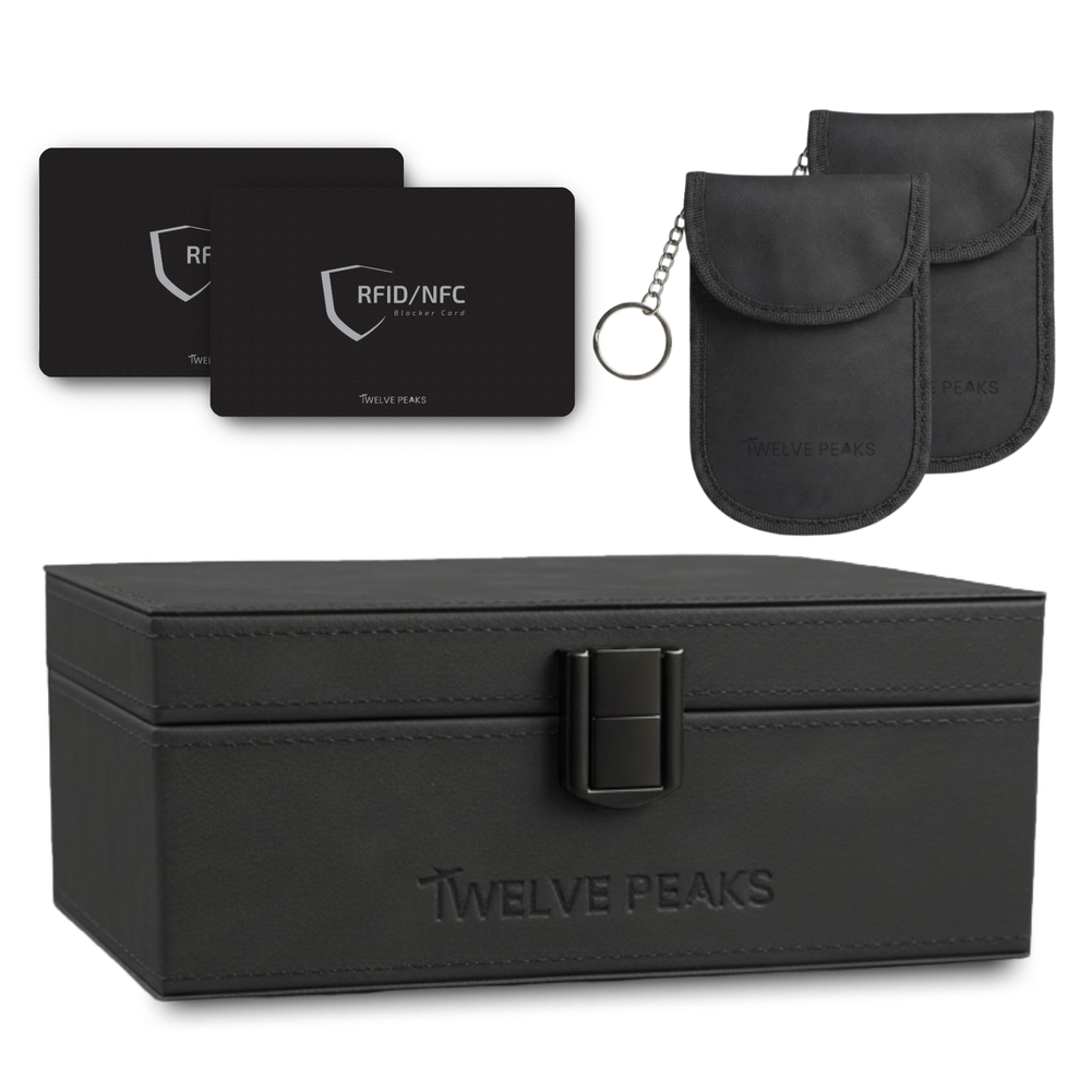 Twelve Peaks complete bundle — Faraday Box, pouches and RFID cards